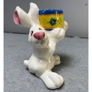 Ceramic Bunny Holding Colorful Egg Planter Figurine  6" tall
